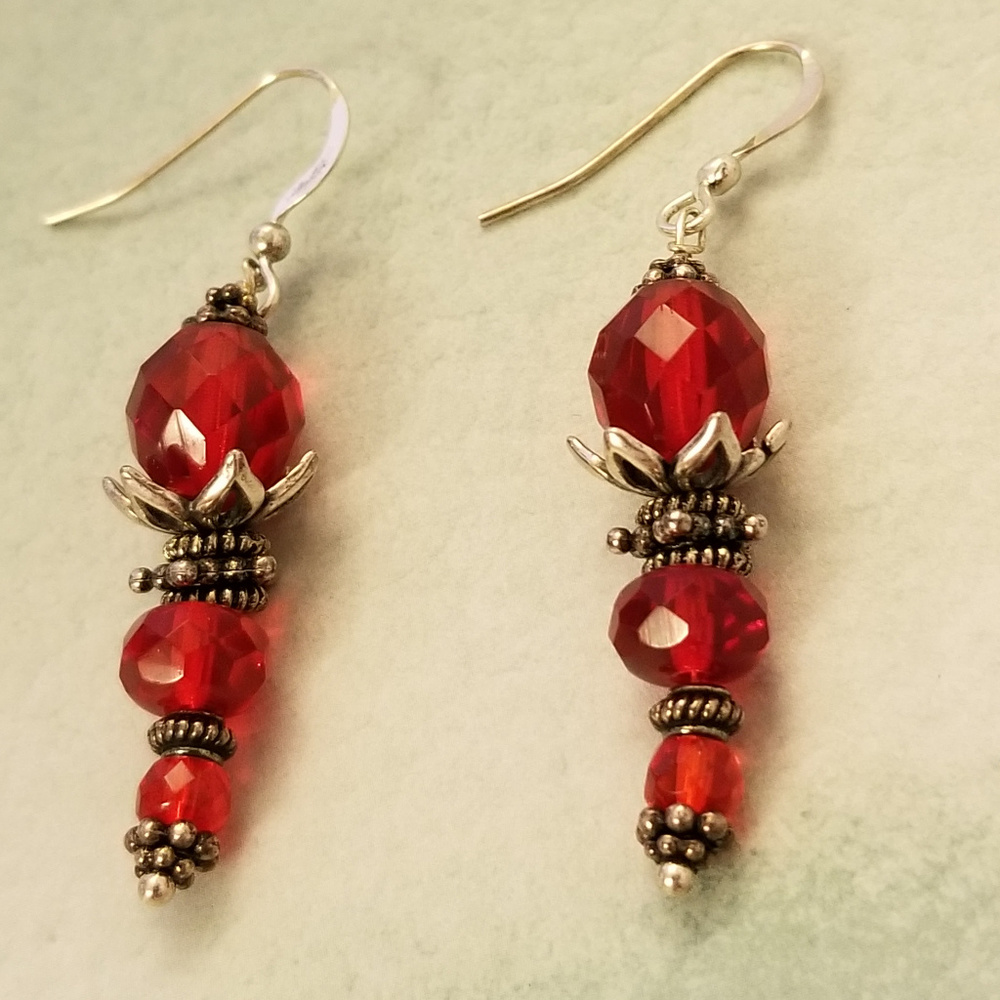 NWT HANDMADE Dangle Earrings Red Swarovski 2"